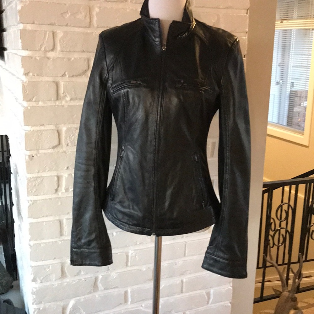 Lamarque Black Leather Jacket with Stand-Up Collar